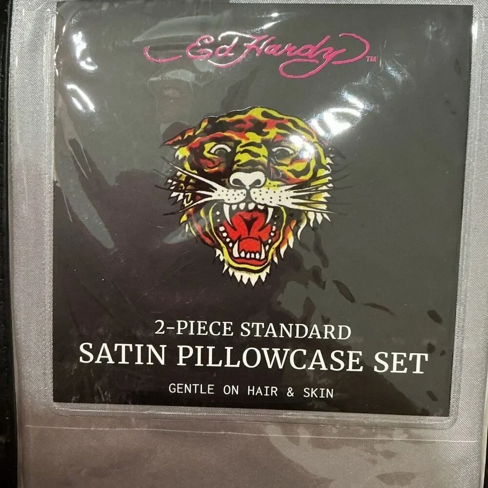 Ed Hardy NWT 2-Piece Satin Pillowcase Set‎ – Silver, Standard